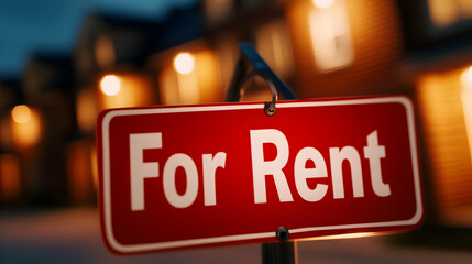 A close-up of a vibrant 'For Rent' sign with illuminated buildings in the background, showcasing rental opportunities in a lively neighborhood.
