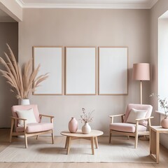 Fototapeta premium Modern Minimalist Living Room Interior with Pink Armchairs and Blank Frames