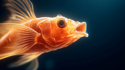 A close-up of a vibrant goldfish swimming gracefully in water, showcasing its beautiful fins and vivid colors in soft natural light.