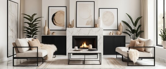 Obraz premium Modern Minimalist Living Room Interior with Fireplace