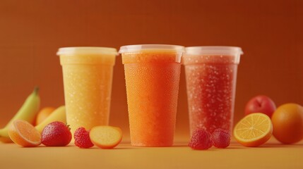 Fototapeta premium Colorful fruit smoothies in cups surrounded by fresh fruits on a vibrant orange background