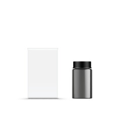 Blank Cosmetic Glass Jar with Silver Lid and Box Mockup. Vector