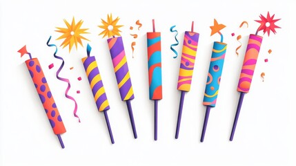 38.Detailed flat illustration of a collection of party blowers in vibrant colors, featuring rolled and unrolled shapes with striped patterns, isolated on a white background.