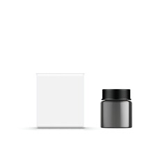 Blank Cosmetic Glass Jar with Silver Lid and Box Mockup. Vector
