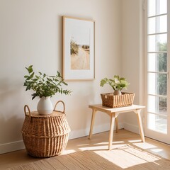 Fototapeta premium Sunny Corner with Plants and Wicker Baskets in a Minimalist Interior