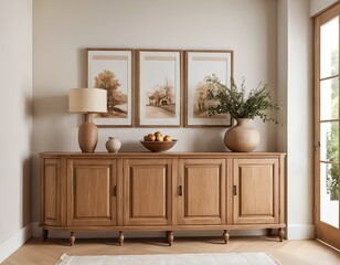 Wooden Sideboard with Artwork and Decor in Neutral Tones