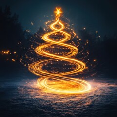 Obraz premium Glowing spiral Christmas tree in snowy forest; holiday card