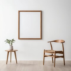 Minimalist Interior Design Wooden Chair, Side Table, and Blank Frame