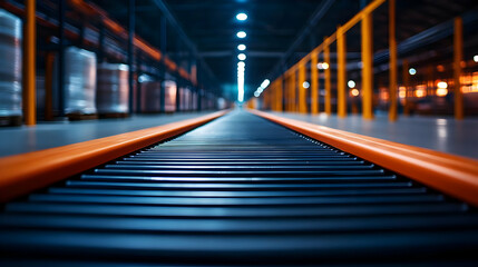 Fototapeta premium A close-up view of an industrial conveyor belt in a warehouse, showcasing modern design and efficient workflow.