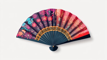 58.Minimalistic vector illustration of a hand fan with decorative patterns and vibrant color options, highlighted in a flat design style.