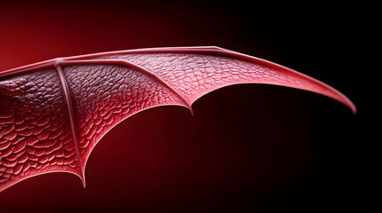 Obraz premium A close-up view of a detailed red dragon wing, showcasing intricate textures and patterns against a dark background.