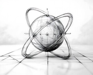 Abstract sphere, orbiting rings, grid background, science concept