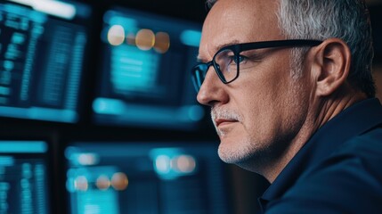 Law restriction compliance standards concept. A focused professional analyzes data on multiple screens, showcasing a modern work environment with technological interfaces.