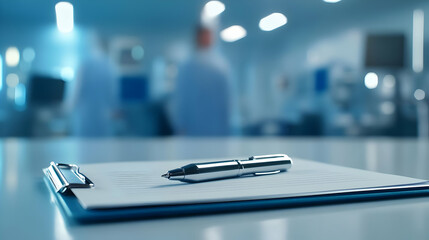 Naklejka premium A close-up view of a pen on a clipboard in a laboratory setting, conveying a sense of research and scientific inquiry.