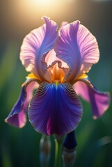 A close-up of an iris with purple and yellow hues