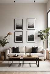 Modern Minimalist Living Room Interior with Beige Sofa and Wooden Coffee Tables