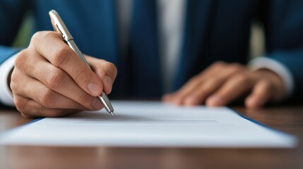 Law restriction compliance standards concept. A person in a suit is writing with a pen on a blank sheet of paper, emphasizing professionalism and focus.