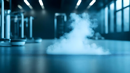 A close-up view of mist rising in a gym, capturing the intensity and energy of a workout environment filled with sleek equipment.
