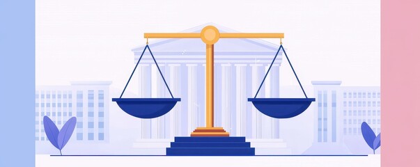 Law restriction compliance standards concept. A balanced scale symbolizing justice with a courthouse backdrop, representing law, order, and fairness.