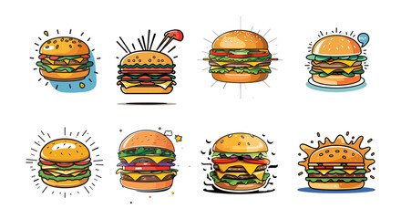 Icons sets collection of colorful cartoon style hamburgers with unique toppings, arranged on a white background, showcasing a variety of fun and delicious burger designs