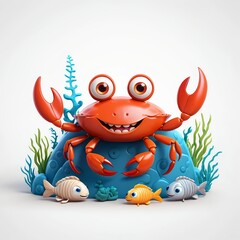 Obraz premium Happy Cartoon Crab with Fish Friends on Ocean Rock
