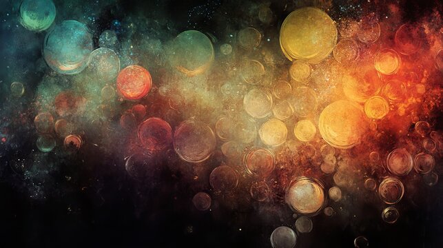 93.Artistic composition of large and small translucent bubbles, each shimmering with vibrant spectral colors, softly illuminated against a dark background.