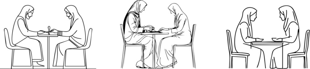 Line Art Illustration Two Muslim Women Sitting Together