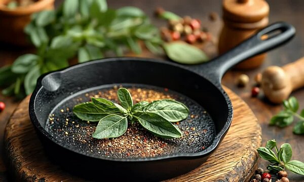 Basil, spices, skillet, rustic kitchen, cooking