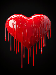 A heart with red paint dripping from it. The heart is surrounded by a black background. Concept of sadness and loss, as the heart is bleeding and the paint is dripping from it