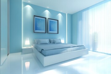 Modern blue bedroom, sunlight, calm, interior design, render