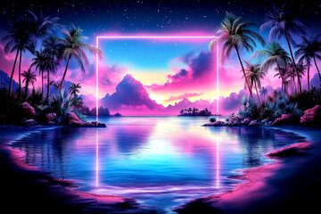 Neon green frame surrounds a beautiful blue ocean with palm trees in the background. The frame is glowing and gives the impression of a tropical paradise