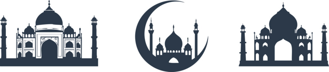 Taj Mahal Mosque Silhouette Icons Islamic Crescent Moon Design