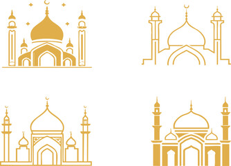 Golden Mosque Icons Islamic Architecture Line Art Designs