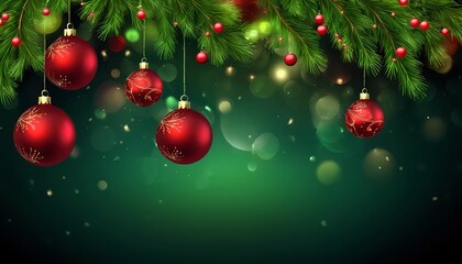 Naklejka premium Red Christmas Ornaments Hanging from Pine Branches