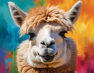 Obraz premium Happy Alpaca Portrait Against Colorful Abstract Background