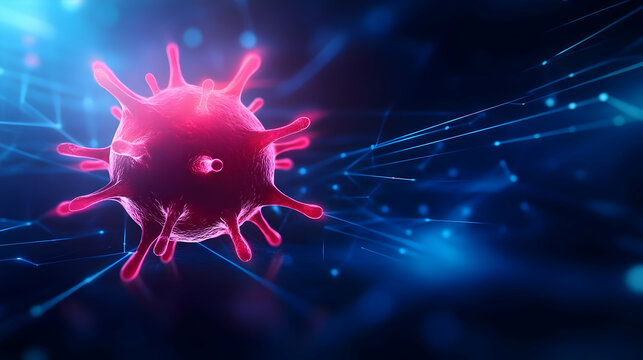 A detailed illustration of a virus surrounded by glowing particles, representing microscopic biology and digital technology.