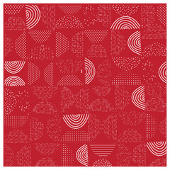 A vibrant red grid featuring diverse white patterns, including arches, dots, and lines in various geometric shapes.