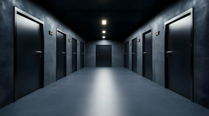 Fototapeta premium A dimly lit hallway featuring multiple closed doors, creating a sense of mystery and intrigue in a modern architectural setting.