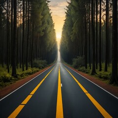 Obraz premium Road Through the Forest at Sunset