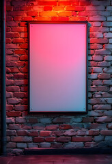 Blank Poster Frame on Brick Wall with Vivid Neon Lighting Effect