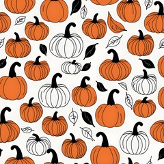 Seamless Pattern of Pumpkins and Leaves