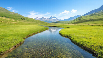 A serene landscape featuring a winding river, lush green fields, and majestic mountains under a clear blue sky.