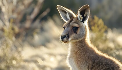 Fototapeta premium Kangaroo portrait displays the animal with sunlight and blurred background