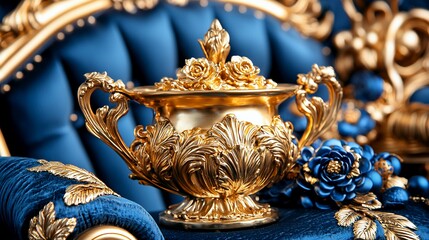 Ornate golden decorative vase on luxurious blue velvet furniture with floral accents