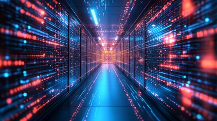 Illuminated Server Room Corridor Data Streams Flowing