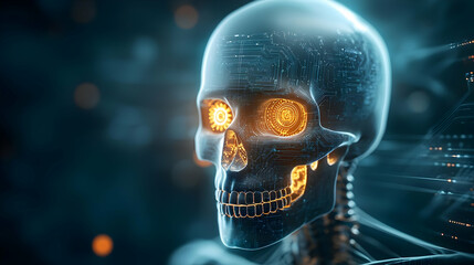 A futuristic digital skull illuminated with glowing eyes, representing the fusion of technology and biology.