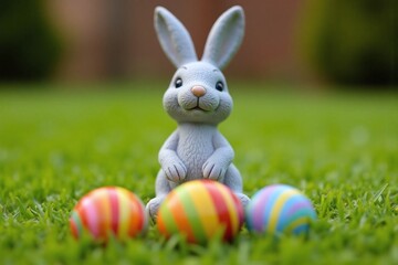 Grey bunny figurine on grass with three striped Easter eggs