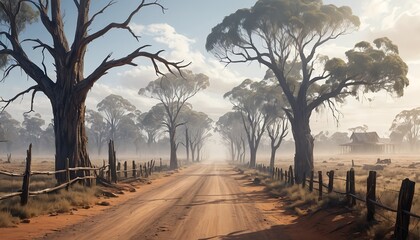 Naklejka premium Dusty Road Leading to Abandoned Farmhouse in Outback
