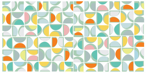 A colorful geometric pattern featuring various shapes in pastel hues, including circles, crescents, and rectangles, on a white background.