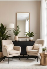 Naklejka premium Modern Living Room Interior with Beige Armchairs and Gold Accents